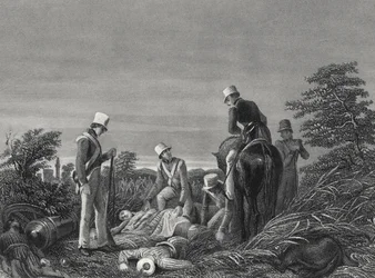 Encontrar as cores do 24º Regimento após a batalha de Chillianwallah, c.1850 (gravura)