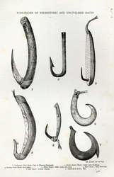 Anzóis de raças pré-históricas e não-civilizadas, de &39;Leisure Hour&39;, 1888 (gravura)