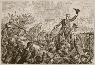 Defesa de Fletchers do reduto em Tanjore, ilustração da história ilustrada de Cassells da Índia por James Grant, bar. 1879