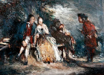 Quatro figuras, duas delas amantes, em conversa, c.1800 (óleo a bordo)