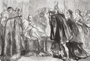 Francis I em seu leito de morte, ilustração da História do Protestantismo por James Aitken Wylie (1808-1890), pub. 1878