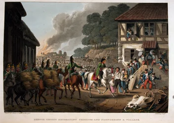 Tropas francesas recuando e saqueando uma aldeia (aquatint)