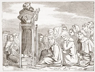 Frei pregando de um púlpito móvel, ilustração de A História do Protestantismo, de James Aitken Wylie (1808-1890), pub. 1878