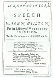 Frontispício de Areopagitica, um discurso de John Milton (1608-74) pub. em 1644