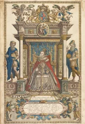 Frontispício do Atlas dos Países da Inglaterra e País de Gales por Christopher Saxon, Londres 1579 (gravura colorida à mão)