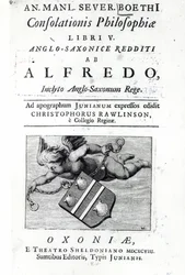 Frontispiece a tradução Christopher Rawlinson de Alfred a maior edição da Boethius Consolação da Filosofia, 1698 (impressão)