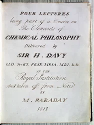 Frontispício de Quatro Palestras sobre os Elementos da Filosofia Química por Sir H.Davy (1778-1829) na Royal Institution, Extraído de Notes de Michael Faraday (1791-1867) 1812