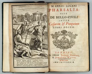 Frontispício para a Pharsalia ou A Guerra Civil entre César e Pompeu por Marcus Annaeus Lucan (39-65 dC), gravado por J. Cole, 1719