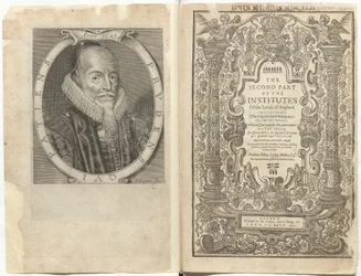 Frontispício para "A Segunda Parte dos Institutos dos Advogados de Inglaterra. Contendo a exposição de muitos estatutos antigos, e outros estatutos, etc.", por Sir Edward Coke