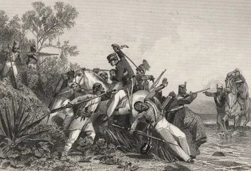 Oficiais britânicos fugitivos e suas famílias atacados por amotinados, de "The History of the Indian Mutiny", publicado em 1858 (gravura)