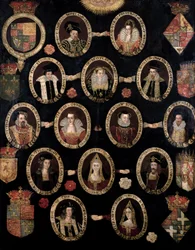Árvore genealógica que traça as origens Tudor de Maria Stuart, rainha da Escócia (1542-87), e do seu filho Jaime VI da Escócia e I de Inglaterra (1566-1625), c. 1603