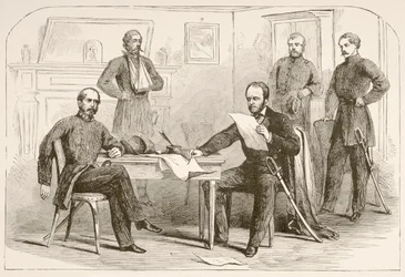 O General Joseph Eggleston Johnston rende o Exército do Tennessee ao General William Tecumseh Sherman (litografia)