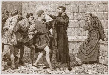 George Wishart protegendo-se do seu potencial assassino, ilustração de «The History of Protestantism», de James Aitken Wylie (1808-1890), publicado em 1878