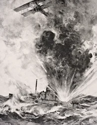 Submarino alemão bombardeou e afundou 26 de agosto de 1915, de &39;The War Illustrated Album deLuxe&39; publicado em Londres 1916 (lito)