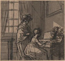 Menina em um clavicórdio, c.1800 (caneta e lavar no papel)