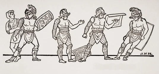 Gladiators, de uma pintura de parede em Pompeia, ilustração de The Outline of History por HG Wells, Volume I, publicado em 1820