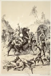 Escolta de ouro atacada por Bush Rangers, de The History of Australasia por David Blair, McGrady, Thomson e Niven, 1879