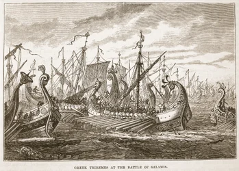 Trirremes gregos na batalha de Salamis
