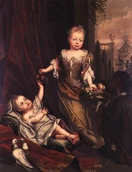 Retrato de grupo das crianças Stone com um pajem negro