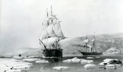 HMS Assistance e a Pioneer a sair dos quartos de Inverno em 1854 (litografia)