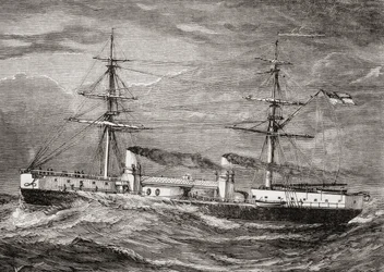 HMS Inflexible, Invincible Class Cruzador de Batalha da Marinha Real Britânica, ilustração de &39;Our Own Magazine&39;, publicada pela Missão de Serviço Especial para Crianças, 1885