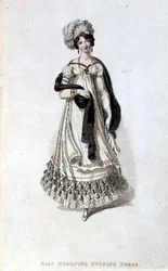 Vestido de noite meio luto, placa de moda do Repositório de Artes de Ackermann (gravura colorida)