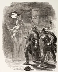 Hamlet, Horatio e Marcellus ver o fantasma, de &39;The Illustrated Library Shakespeare&39;, publicado em Londres, 1890