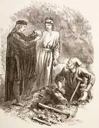 Hamlet segura o crânio de Yorick, ilustração do acto V, cena I de Hamlet, de «The Illustrated Library Shakespeare», publicado em Londres em 1890