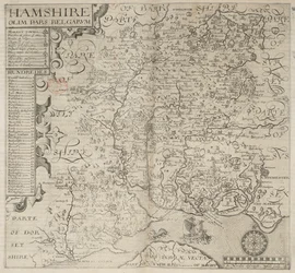 Hampshire, anteriormente parte dos belgas. J. Norden descreveu W. Hole sculp., de "Britannia" de Camden. 6ª edição. fol. 187 (gravura)