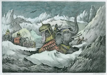 Aníbal (247-c.183 a.C.) e os seus elefantes de guerra a atravessar os Alpes (colorização posterior)