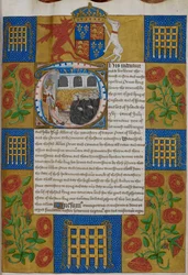 Harley 1498, f.1 Henrique VII apresentando a escritura a John Islip, abade da Abadia de Westminster, Escrituras da Abadia de Westminster (velino)