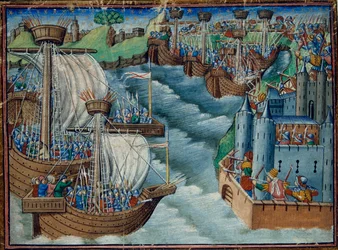 Harley 326, f.29v Frota cristã ataca o porto de Gaeta, na Itália, ocupado pelos turcos, de The Three Kings