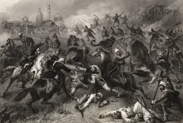Coluna de Havelock atacando os Mutineers antes de Cawnpore em 1857, de "A História do Motim Indiano", publicado em 1858