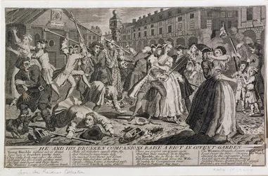 Ele e seus companheiros bêbados criam um tumulto em Covent Garden, 1735