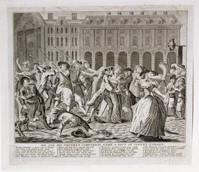 Ele e seus companheiros bêbados criam um tumulto em Covent Garden, 1735