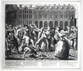 Ele e seus companheiros bêbados criam um motim em Covent Garden, de uma série pirateada baseada no "A Rake&39;s Progress" de Hogarth, 1735