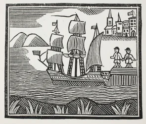 Ele embarca em sua viagem cheia de acontecimentos, ilustração de Chap-books do século XVIII de John Ashton, pub. 1882