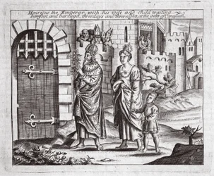 Henricus, o Imperador, com sua esposa e filho esperando, descalça e barrenta, três dias e três noites nos portões de Canusuam, ilustração de Atos e Monumentos de John Foxe, nona edição,