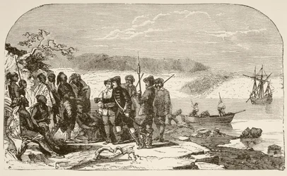 Henry Hudson oferece bebidas alcoólicas aos índios em 1609 (litografia)
