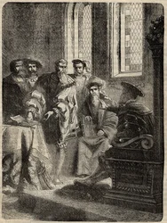 Henrique VIII. e seu Conselho ordenando a tradução da Bíblia para o inglês - 1538 - gravura de "History of England" de Cassell Petter & Galpin
