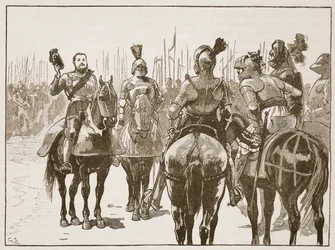 Henry e os oficiais franceses capturados, ilustração da história ilustrada de Cassells da Inglaterra (foto sépia)