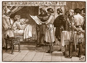 Henry recebendo a notícia da traição de John, ilustração de Cassells Illustrated History of England (foto em sépia)