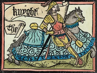 Aqui Begynneth the Knightes Tale, ilustração de The Canterbury Tales por Geoffrey Chaucer (c.1345-1400) impresso por William Caxton (c.1422-91) 1434 (coloração posterior)
