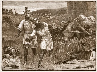 Heroísmo de St. Clair no Cerco do Castelo de Bridgnorth, ilustração da História Ilustrada de Cassells da Inglaterra (foto sépia)