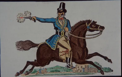 Figura de highwayman para teatro de brinquedos infantil vitoriano (gravura colorida à mão)
