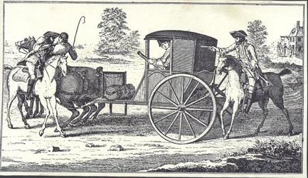 O Highwaymen James MacLaine e William Plunkett roubam o Conde de Eglinton em Hounslow Heath, 26 de Junho de 1750 (gravura)