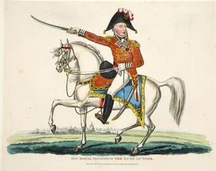 Sua Alteza Real, The Duke of York, pub. por Richard Evans, gravado por Romney, ilustração de um relato histórico da batalha de Waterloo por William Mudford, 1816