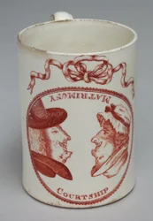 Caneca humorística decorada com cabeças invertíveis de um homem e uma mulher, c.1780 (creamware)