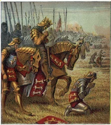 Guerra dos Cem Anos: "A Batalha de Azincourt em 25/10/1415". O Rei Henrique V (1387-1422) rezou antes de confrontar as tropas francesas. A Batalha de Agincourt: O Rei Henrique V rezou pela vitória antes da batalha.