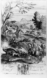 Caçando o Javali, de "Recreação do Cavalheiro", publicado por Richard Blome, 1686